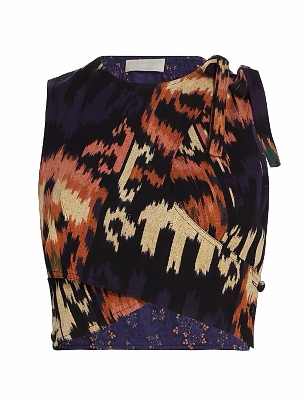 Ulla Johnson Purple, Rust and Cream Tie-Shoulder Printed Crop Top